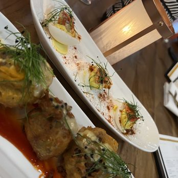 Amina - Deviled Eggs w/lobster and Cheesesteak Beignets - Southern Near Me - Philadelphia, Pennsylvania Amina - Deviled Eggs w/lobster and Cheesesteak Beignets - Southern Near Me - Philadelphia, Pennsylvania