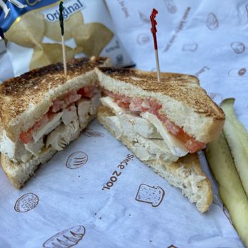 PureBread Deli - My create-your-own with rotisserie chicken, a bit of Brie, tomatoes, and their champagne mustard on toasted sourdough bread. - Delis Near Me - Glen Mills, Pennsylvania