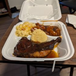 CZ Smokez BBQ - Bbq chicken plate with Mac and cheese and yams with cornbread..Leg quarter plate comes with 2: sides.