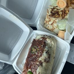 Brisket burrito (huge) and brisket quesadilla with cilantro and chipotle dipping sauces  Quesadilla Quesadilla Burrito Combo