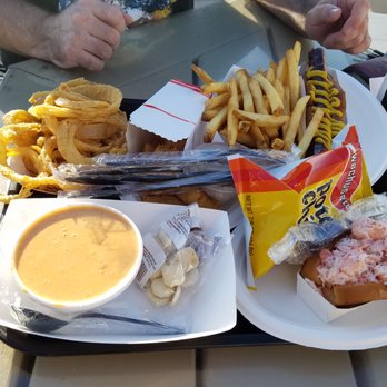 The Beach Plum - Lobster bisque & roll, onion rings, hot dog w/fries, & a pint of the haddock nuggets hiding away there - Ice Cream & Frozen Yogurt Near Me - Epping, New Hampshire