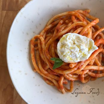 Lagana Foods - Lagana Pasta - Bucatini with Marinara and Burrata. - Pasta Shops Near Me - Seattle, Washington Lagana Foods - Lagana Pasta - Bucatini with Marinara and Burrata. - Pasta Shops Near Me - Seattle, Washington