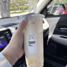 Jasmine Green Milk Tea, large, less egg pudding, less ice, regular sugar.