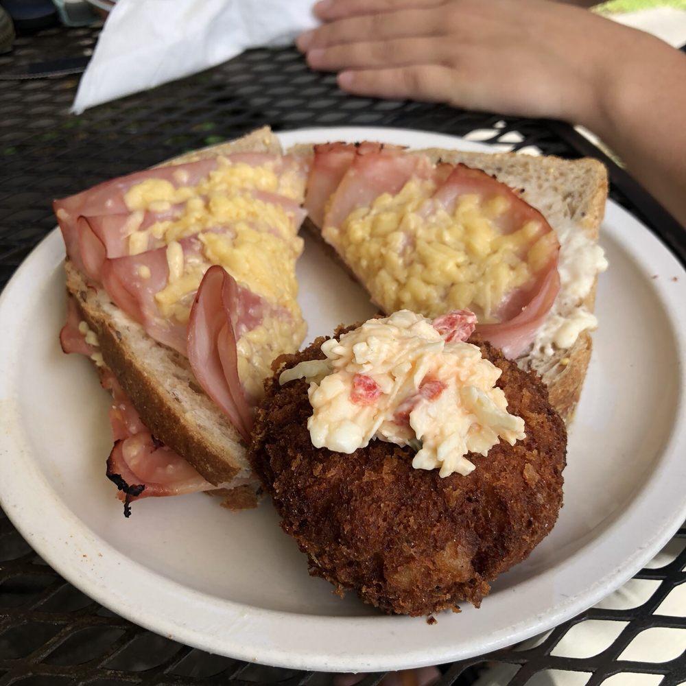 Proper - Croquet monsieur sandwich with a fried potato cake topped with pimento cheese - Southern Near Me - Boone, North Carolina Proper - Croquet monsieur sandwich with a fried potato cake topped with pimento cheese - Southern Near Me - Boone, North Carolina