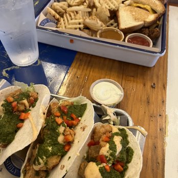 Treylor Park - Shrimp & Grits Tacos ; Grilled Apple Pie Chicken Sandwich - New American Near Me - Savannah, Georgia