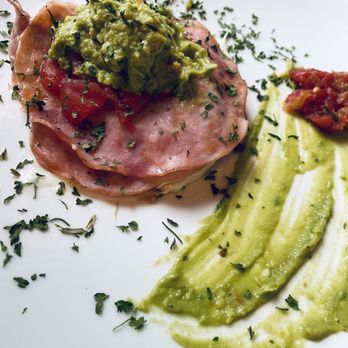 Llamas’ Corner - My reconstructed breakfast sandwich (I'm allergic to wheat ) - A breakfast plate displays a slice of ham topped with mashed avocado, chopped herbs, and tomato slices. Next to it is a smear of mashed avocado with herbs, and a small portion of tomato-based sauce. The dish is presented on a white plate, emphasizing fresh ingredients and simple presentation. - Themed Cafes Near Me - Baltimore, Maryland