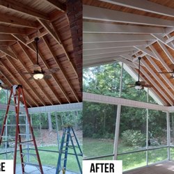 Gallagher Painting & Restoration - Stained tongue & groove natural wood color, binned all the knots in the rafters with Zinsser Bin Primer, and applied 2 coats of Duration