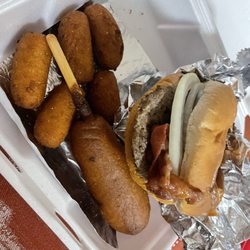 Cook Out - Jr tray - western burger with side of corn dog and huh puppies