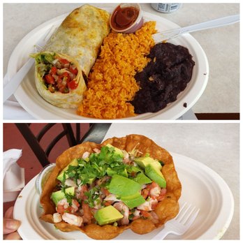 Serg's Mexican Kitchen - Top: vegan burrito. Bottom: ceviche salad - Food Trucks Near Me - Honolulu, Hawaii