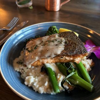Bluefish River Tavern - Salmon with Risotto. - Seafood Near Me - Duxbury, Massachusetts Bluefish River Tavern - Salmon with Risotto. - Seafood Near Me - Duxbury, Massachusetts