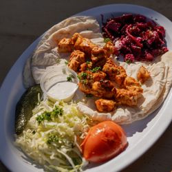 Mito's Döner Kebap - Chicken shish kebap plate with cabbage salad (no rice) and roasted beet salad.