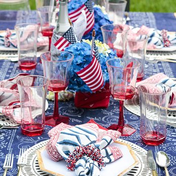 Kim Seybert - A Patriotic Tablesetting featuring Kim Seybert's Fiesta reversible Placemats, Carnival Napkin Rings in Red, White and Blue - Home Decor Near Me - New York, New York Kim Seybert - A Patriotic Tablesetting featuring Kim Seybert's Fiesta reversible Placemats, Carnival Napkin Rings in Red, White and Blue - Home Decor Near Me - New York, New York