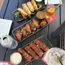 Buffalo eggroll, chicken wings, mozzarella sticks