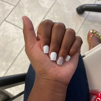 Sun Nails - Coffin White Nails with one nail sparkly. - Nail Salons Near Me - Gonzales, Louisiana Sun Nails - Coffin White Nails with one nail sparkly. - Nail Salons Near Me - Gonzales, Louisiana