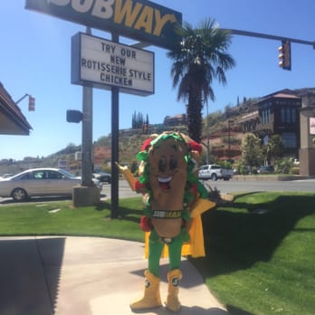 Subway - a man in a costume standing in front of a subway sign - Sandwiches Near Me - St George, Utah Subway - a man in a costume standing in front of a subway sign - Sandwiches Near Me - St George, Utah