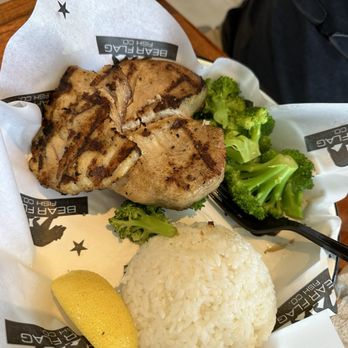 Bear Flag Fish - Large platter with garlic butter opah, steamed broccoli and rice. - Seafood Markets Near Me - Newport Beach, California Bear Flag Fish - Large platter with garlic butter opah, steamed broccoli and rice. - Seafood Markets Near Me - Newport Beach, California