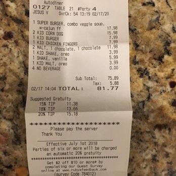 Ruby's Diner - Bill sample - Diners Near Me - Laguna Beach, California Ruby's Diner - Bill sample - Diners Near Me - Laguna Beach, California