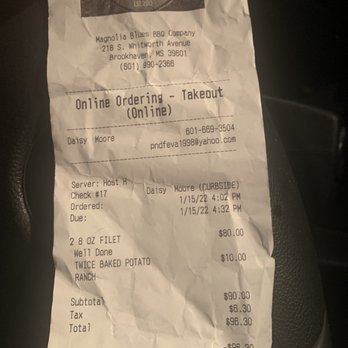 Magnolia Blues BBQ - My receipt from buying 2 burnt steaks that they refused to replace and kept my money - Barbeque Near Me - Brookhaven, Michigan Magnolia Blues BBQ - My receipt from buying 2 burnt steaks that they refused to replace and kept my money - Barbeque Near Me - Brookhaven, Michigan