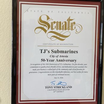 Tj's Submarines - US California Senator 36th District, Tony Strickland, certificate of recognition for TJ Submarines 50-Year Anniversary. July 22nd, 2026 - Sandwiches Near Me - Artesia, California Tj's Submarines - US California Senator 36th District, Tony Strickland, certificate of recognition for TJ Submarines 50-Year Anniversary. July 22nd, 2026 - Sandwiches Near Me - Artesia, California