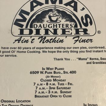Mama's Daughters' Diner - Front menu - Diners Near Me - Plano, Texas Mama's Daughters' Diner - Front menu - Diners Near Me - Plano, Texas