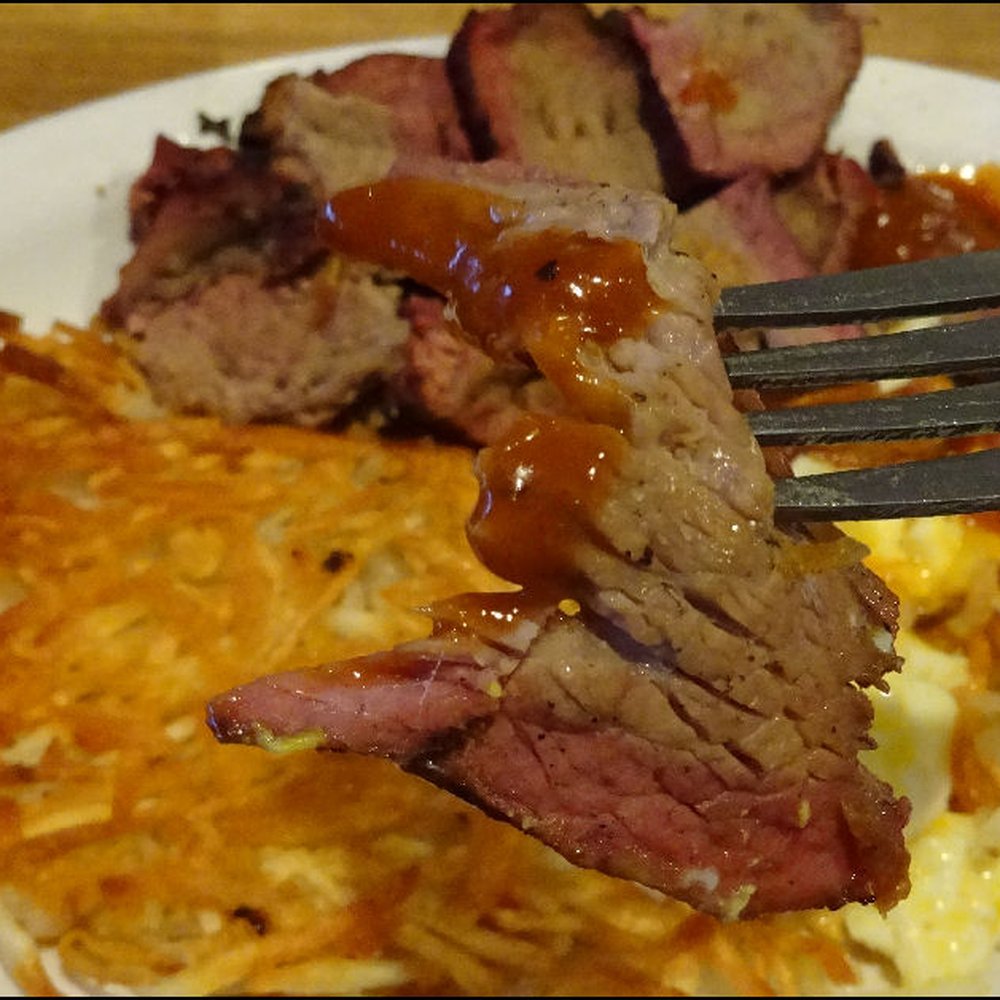 Stubbys Breakfast and BBQ - One bite of tri-tip beef, dipped in spicy barbecue sauce, ready to enjoy, and to make an amazing Christmas eve breakfast. - Breakfast & Brunch Near Me - Cool, California