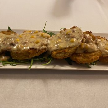 Gibson’s Restaurant & Bar - Fried green tomatoes appetizer. Great and different topping. - Seafood Near Me - Midway, Kentucky Gibson’s Restaurant & Bar - Fried green tomatoes appetizer. Great and different topping. - Seafood Near Me - Midway, Kentucky