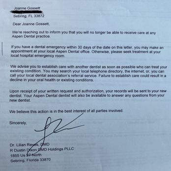 Aspen Dental - Letter from Aspen Dental telling me that I could not use any Aspen Dental offices again.  And warranty is void. - General Dentistry Near Me - Sebring, Florida