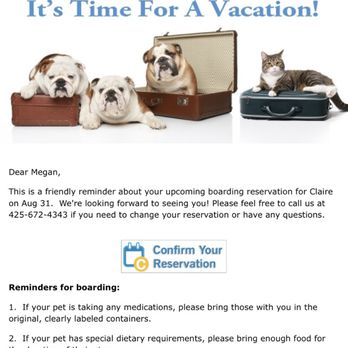 Helping Hands Veterinary Clinic - 3 days before I was supposed to drop my dogs off, I receive a confirmation of boarding and confirm everything is good to go. - Veterinarians Near Me - Lynnwood, Washington Helping Hands Veterinary Clinic - 3 days before I was supposed to drop my dogs off, I receive a confirmation of boarding and confirm everything is good to go. - Veterinarians Near Me - Lynnwood, Washington