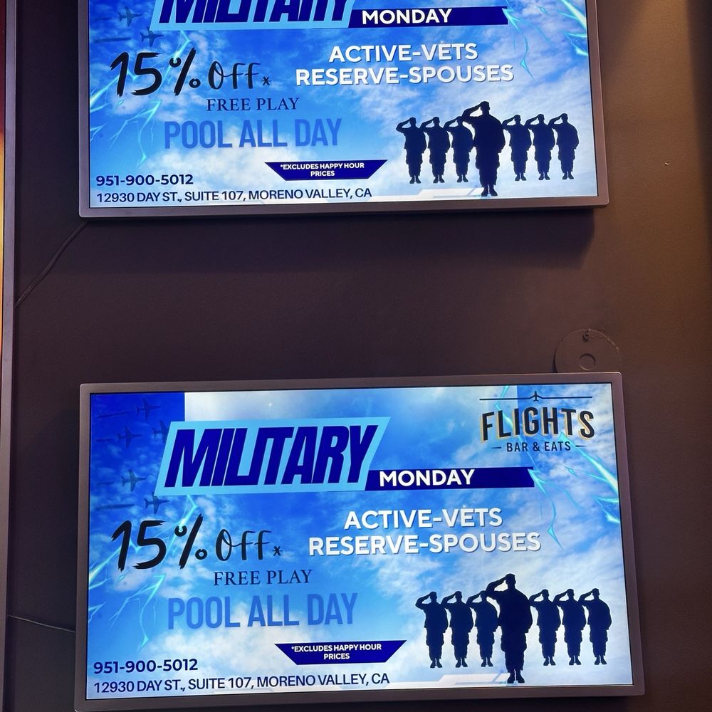 Flights Bar & Eats - Military men/women & their spouses are honored and thanked here at this business with 15% off - Pizza Near Me - Riverside, California Flights Bar & Eats - Military men/women & their spouses are honored and thanked here at this business with 15% off - Pizza Near Me - Riverside, California
