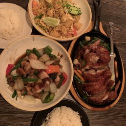 Crispy Three Flavors Duck, Pineapple Fried Rice, Kra Pao Moo Krob (Pork Belly) Crispy Three Flavors Duck, Pineapple Fried Rice, Kra Pao Moo Krob (Pork Belly)
