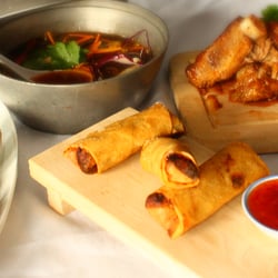 Mountain Katz - Thai green curry spring rolls, BBQ Japanese style ribs, Hot broth bowl & Gyoza