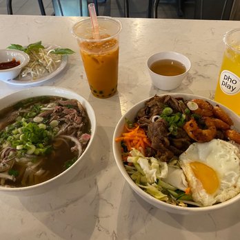 Pho Play - Pho Play and Grill Combo with Thai Tea and Passion Fruit Tea - Vietnamese Near Me - Castro Valley, California
