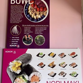 Kokoroll Cafe - Açaí Bowl Info Board & Nori Maki Hand Rolls Menu (October 2023) - Bubble Tea Near Me - Torrance, California Kokoroll Cafe - Açaí Bowl Info Board & Nori Maki Hand Rolls Menu (October 2023) - Bubble Tea Near Me - Torrance, California