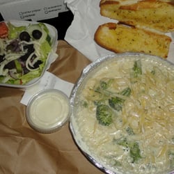 Neighborhood Pizza and Pasta House - Broccoli Alfredo Dinner with garden salad and garlic bread