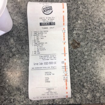 Burger King - the receipt for the meal - Burgers Near Me - Hobbs, New Mexico Burger King - the receipt for the meal - Burgers Near Me - Hobbs, New Mexico