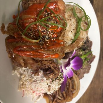 Guieb Cafe - The Field Trip Combo: Pulehu Short Rib, Angry Bird, Adobo Fried Rice, Imitation Crab Salad, Hamburger Steak - New American Near Me - Aiea, Hawaii Guieb Cafe - The Field Trip Combo: Pulehu Short Rib, Angry Bird, Adobo Fried Rice, Imitation Crab Salad, Hamburger Steak - New American Near Me - Aiea, Hawaii