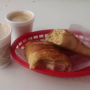 Moises Bakery - Small coffee, medium coffee, ham and cheese stuffed croissant and chicken empanada. Delicious! - Bakeries Near Me - Miami Beach, Florida