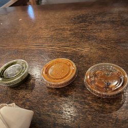 Akbar Cuisine Of India - Chutneys (left to right: mint, coconut, and spicy pickled vegetables)