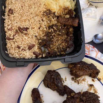 Jamaican Kitchen - "large" stew chicken (white rice is my own)- mostly bones - Caribbean Near Me - Vernon, Connecticut