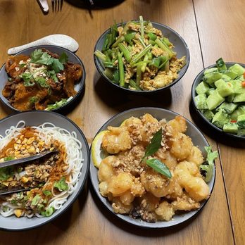 NiHao - Clockwise: farmers stir fry with the scallions; garlic cucumber salad; walnut shrimp; ??; tripe - Chinese Near Me - Arlington, Virginia NiHao - Clockwise: farmers stir fry with the scallions; garlic cucumber salad; walnut shrimp; ??; tripe - Chinese Near Me - Arlington, Virginia