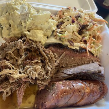 B-Daddy's BBQ - 3 meat plate with cole slaw and potato salad. - Barbeque Near Me - Helotes, Texas B-Daddy's BBQ - 3 meat plate with cole slaw and potato salad. - Barbeque Near Me - Helotes, Texas