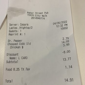 Baker St. Pub & Grill - Menu says the salad comes with chicken then I was charged for the chicken   EXPECT TO PAY $17.00 FOR THE COBB SALAD AND ITS NOT WORTH IT. - Pubs Near Me - Sugar Land, Texas