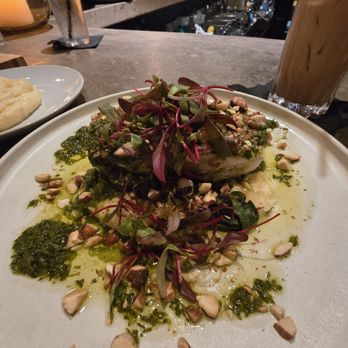Quemar - Argentinian grilled fish with mashed potatoes, grilled greens, chimichurri sauce and almonds - Latin American Near Me - Virginia Beach, Virginia