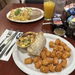 Chilaquiles, Breakfast burrito, tater tots Chilaquiles, Breakfast burrito, tater tots