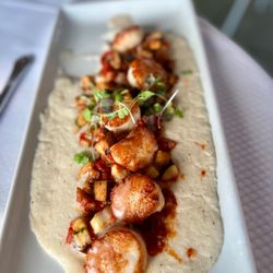 J's Restaurant at Nashoba Valley Winery - PAN SEARED SCALLOPS Georges Bank scallops, Grape brandy butter sauce, summer vegetable ratatouille, white cornmeal polenta
