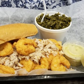 Skrimp Shack - Shrimp & Crab PoBoy w/collard greens - Seafood Near Me - Durham, North Carolina Skrimp Shack - Shrimp & Crab PoBoy w/collard greens - Seafood Near Me - Durham, North Carolina