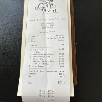 El Gato Azul - Three Tapas, Three Entrees and two margaritas.  Not a bad price for unique delicious food and lots of it! - Tapas Bars Near Me - Prescott, Arizona