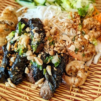 Mai Mai Viet Street Kitchen - Bun Bo la lot tom - vermicelli with betel leaf wrapped beef, grilled shrimp and a spring roll - Vietnamese Near Me - Edmonton, Alberta Mai Mai Viet Street Kitchen - Bun Bo la lot tom - vermicelli with betel leaf wrapped beef, grilled shrimp and a spring roll - Vietnamese Near Me - Edmonton, Alberta