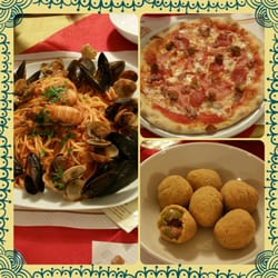 Pizzeria Il Fauno - Mixed seafood pasta, Spagna pizza, and fried green olives stuffed with meat