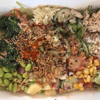 Poke Dot - Large Bowl 5 scoops with salmon, blazed salmon, and octopus. Brown rice and mixed greens. Avocado is included! Two meals for me! - Seafood Near Me - Irvine, California Poke Dot - Large Bowl 5 scoops with salmon, blazed salmon, and octopus. Brown rice and mixed greens. Avocado is included! Two meals for me! - Seafood Near Me - Irvine, California